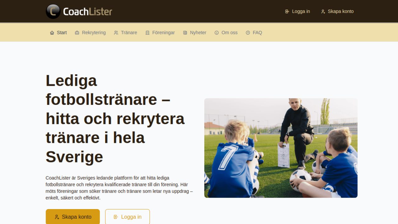 CoachLister.se – startsida för lediga fotbollstränare
