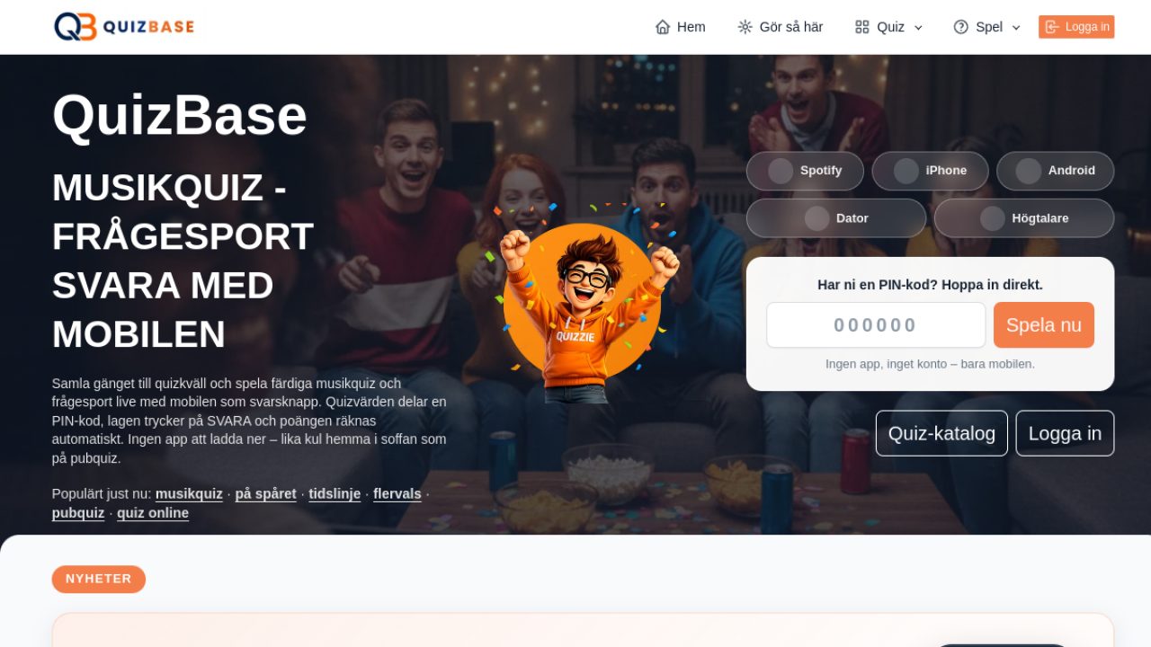 QuizBase.se – startsida med livequiz